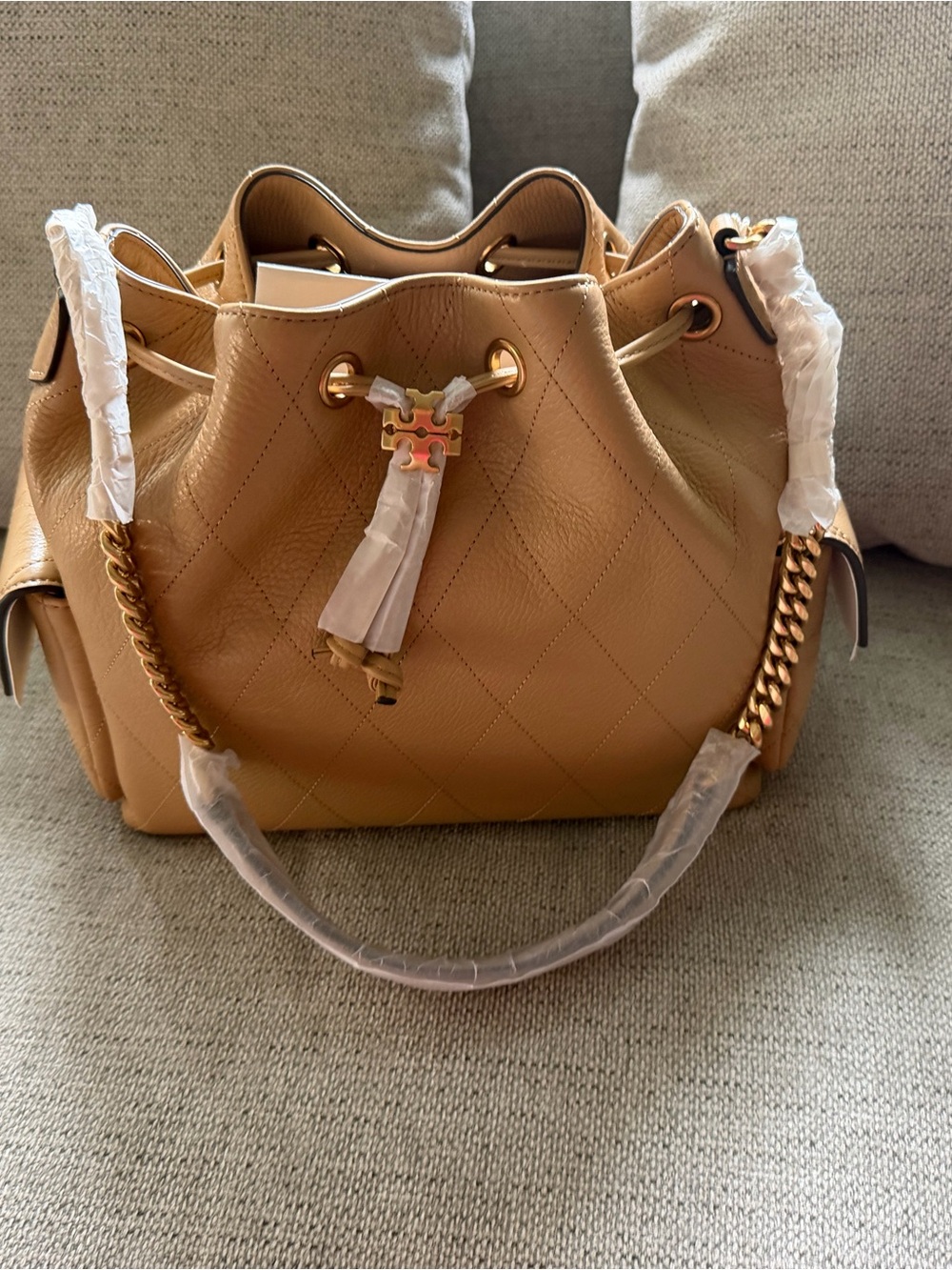 Tory Burch Pecan “Rare” Quilted Leather Drawstring Bucket Bag with Chain Handles